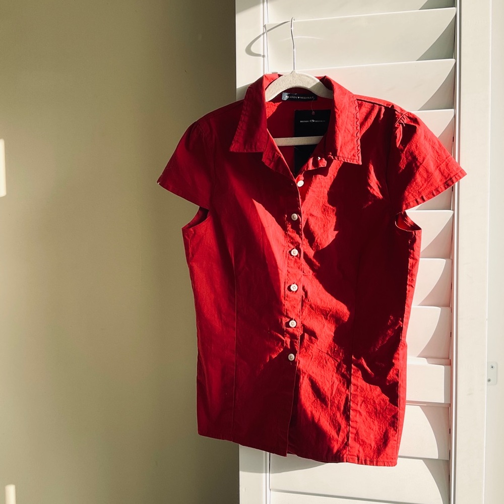 Brandy Melville Vibrant Red Button-Up Short Sleeve Top
